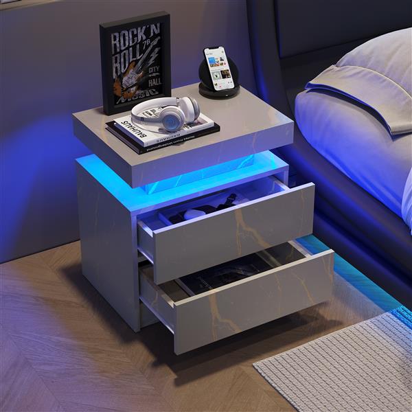 Nightstand LED Bedside Table Cabinet Lights Modern End Side with 2 Drawers for Bedroom (Gray Gold)