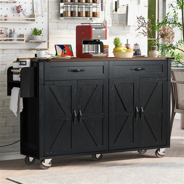 53.5''Farmhouse Kitchen Island with Power Outlet, Kitchen Storage Island with Drop Leaf, Spice Rack and Drawer, Rolling Kitchen Cart on Wheels, for Home, Kitchen and Dining Room, Black