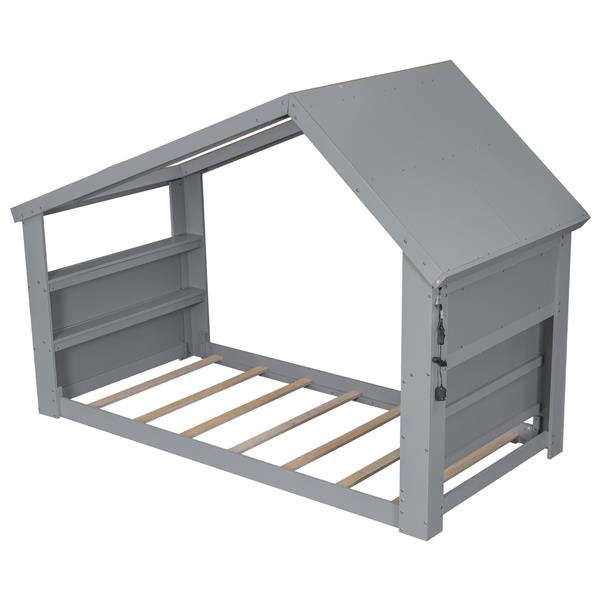 Twin House Floor Bed with Roof Window, LED Light,Grey