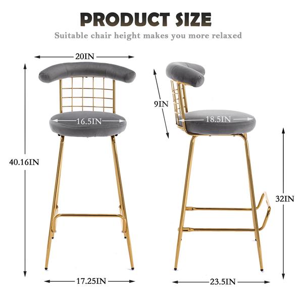 Bar Stool Set of 2, Luxury Velvet  High Bar Stool with Metal Legs and Soft Back, Pub Stool Chairs Armless Modern Kitchen High Dining Chairs with Metal Legs, Grey