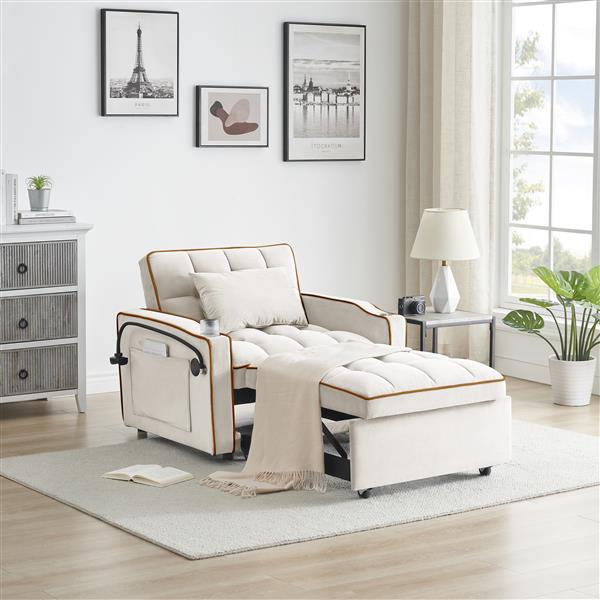 1 versatile foldable sofa bed in 3 lengths, modern sofa sofa sofa velvet pull-out bed, adjustable back and with USB port and ashtray and swivel phone stand creamy white