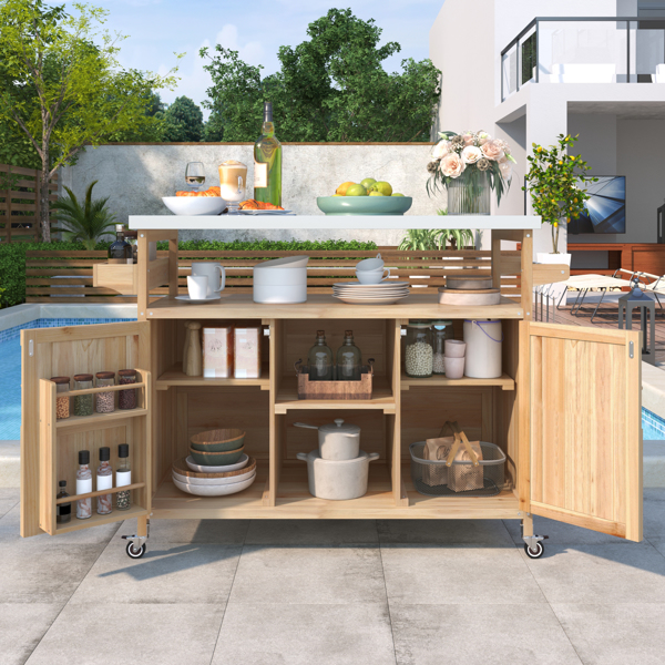 Outdoor Kitchen Island, Rolling Bar Cart & Storage Cabinet, Farmhouse Solid Wood Outdoor Grill Table with Stainless Steel Top, Spice Rack , Towel Rack for Kitchen & BBQ , Natural