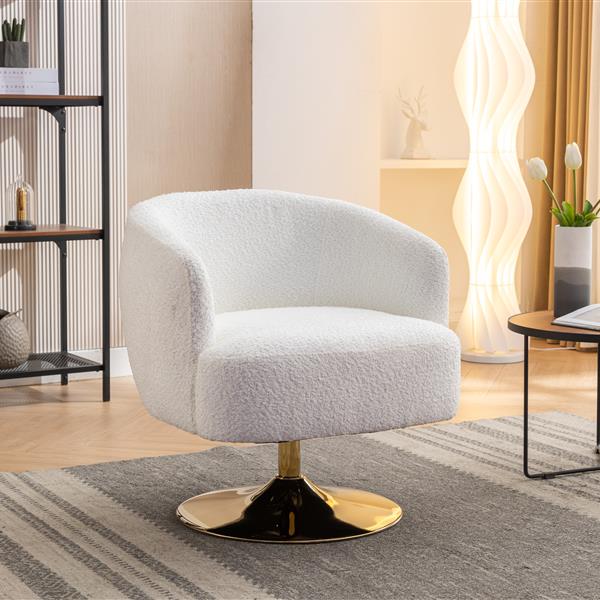 048-Chenille Fabric Swivel Chair With Gold Metal Round Base,White