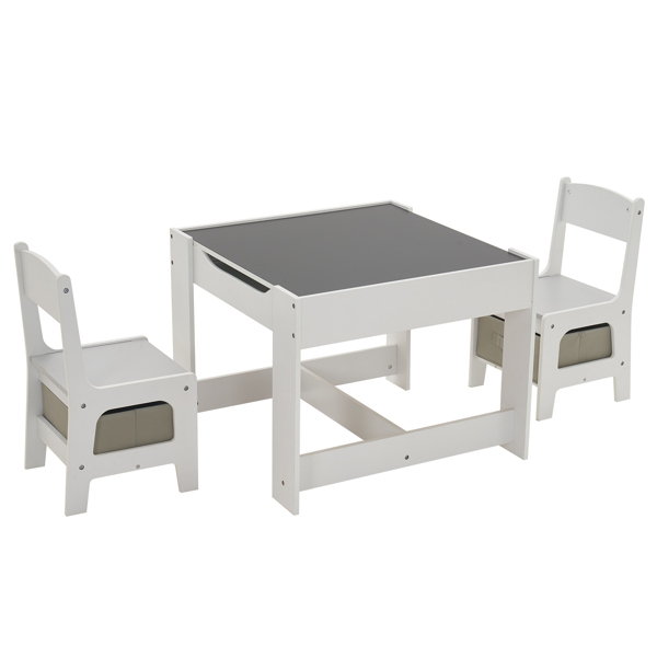 Children's Wooden Table And Chair Set With Two Storage Bags (One Table And Two Chairs) Grey And White