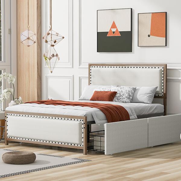 Queen Size Upholstered Platform Bed with Nailhead Decoration and 4 Drawers, Brown