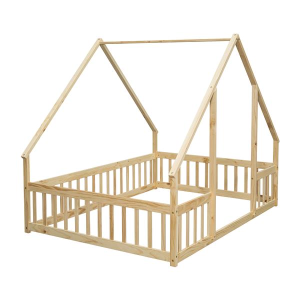 Full Wood House-Shaped Floor Bed with Fence, Guardrails,Natural