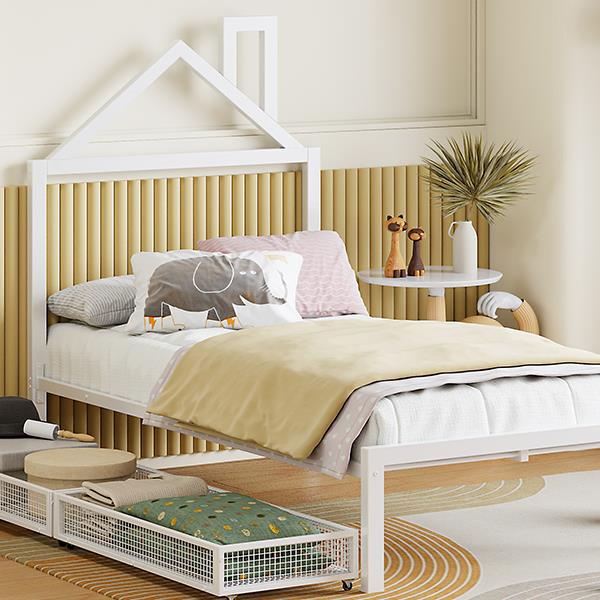 Twin Size Metal Platform Bed with two drawers,House-Shaped Headboard Design, White