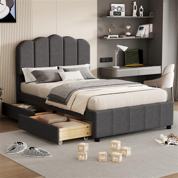 Twin Size Upholstered Bed with 2 Storage Drawers,Wood Slat Support, Gray