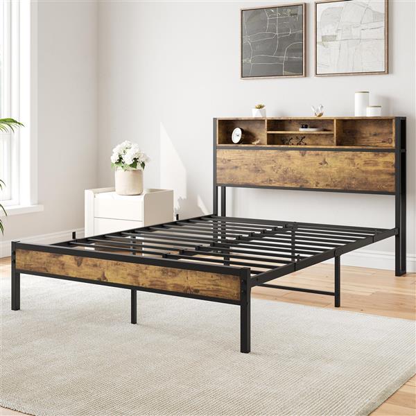 Full Size Bed Frame with Storage Headboard, Metal Platform Bed with Charging Station,  Bookcase Storage, No Box Spring Needed, Easy Assembly, Noise-Free, Black