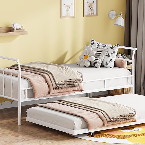 Twin Size Metal Daybed with Curved Handle Design and Twin Size Trundle, White