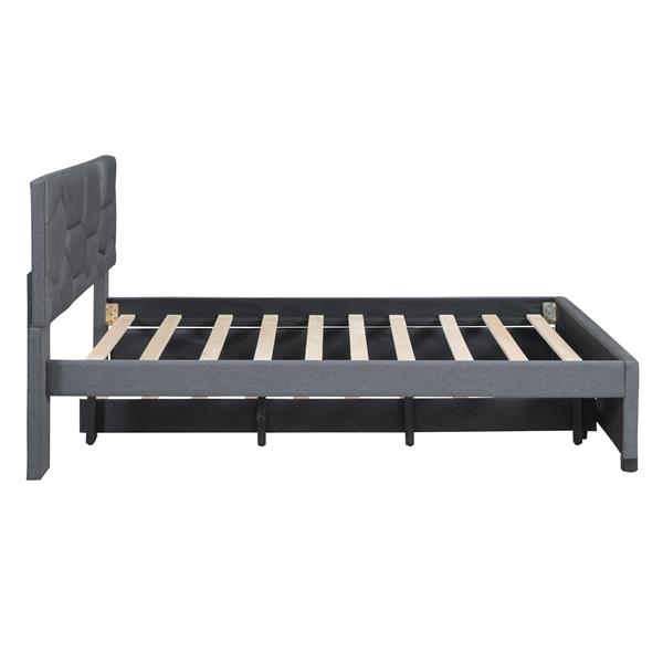 Full Size Upholstered Platform Bed with Brick Pattern Headboard and Twin Size Trundle, Linen Fabric, Gray