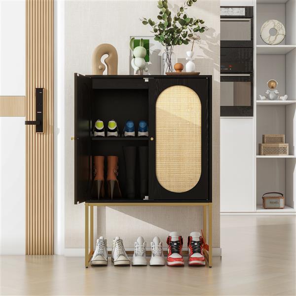 2 Door High Cabinet,Natural Rattan 2 Door high cabinet, Built-in adjustable shelf, Easy Assembly, Free Standing Cabinet for Living Room Bedroom,Hallway