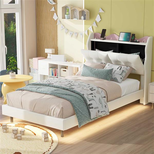 Twin Size Upholstery Platform Bed Frame with LED Light Strips,Headboard Storage Space and Two USB Charging Deisgn,Beige