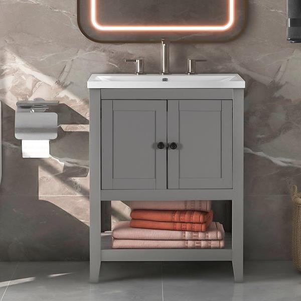 [VIDEO] 24" Grey Modern Sleek Bathroom Vanity Elegant Ceramic Sink with Solid Wood Frame Open Style Shelf