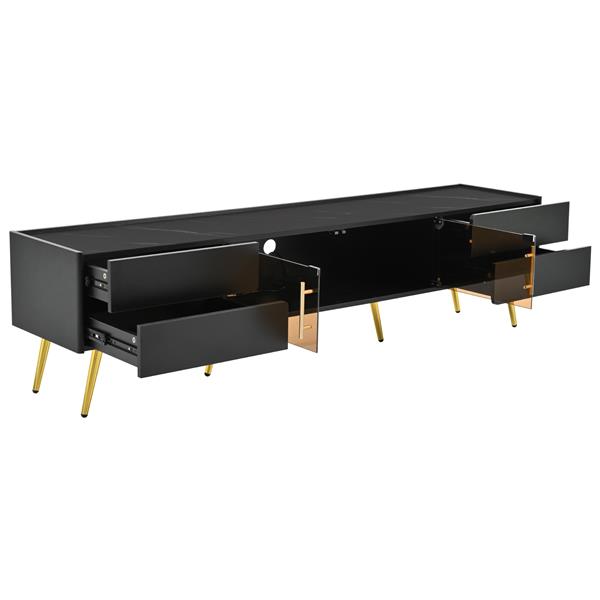 Modern TV Stand with LED lights for TVs up to 80 Inches, Entertainment Center with 4 Drawers and 1 Cabinet with Brown Glass Door, Media Console with Metal Legs and Handles for Living room