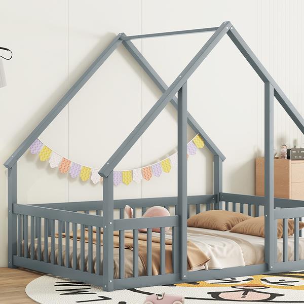 Full Wood House-Shaped Floor Bed with Fence, Guardrails,Grey