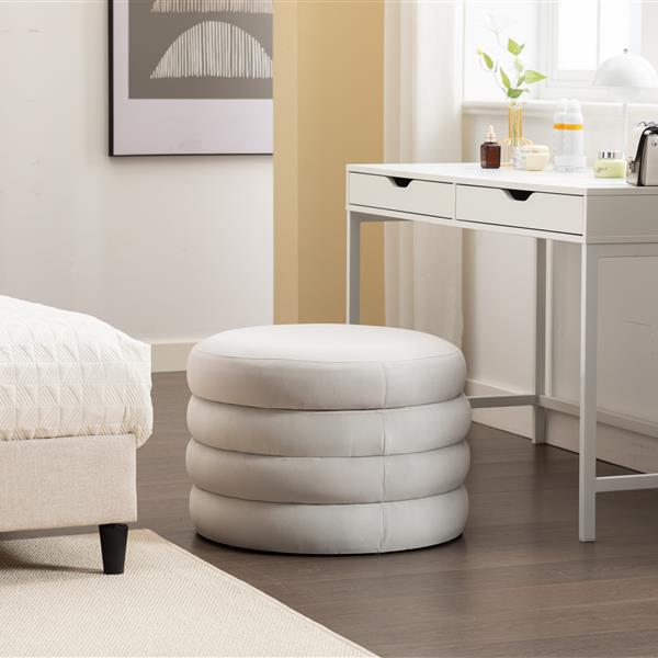 007-Velvet Fabric Storage Round Ottoman Footstool With Wooden Shelving,Light Gray