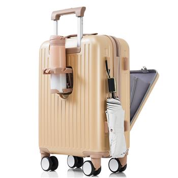 Luggage Set of 3, 20, 24, 28inch with USB Port, 20, 24inch with front opening design Airline Certified Carry on Luggage with Cup Holder, ABS Hard Shell Luggage with Spinner Wheels, Champagne
