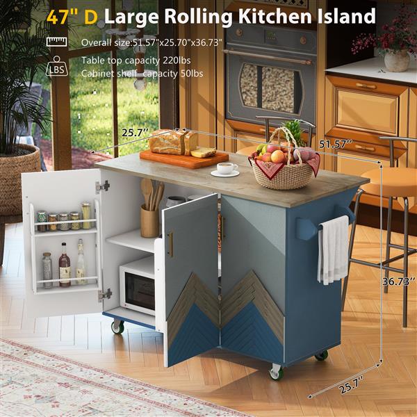 Retro Mountain Wood 47"D Kitchen Island with Drop Leaf, Cabinet with Internal Storage Rack, Farmhouse Rolling Kitchen Cart on Wheels for Living Room, Kitchen, Dining Room (Navy Blue)