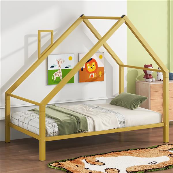 Twin Size Metal House Platform Bed with Roof and Chimney, Gold