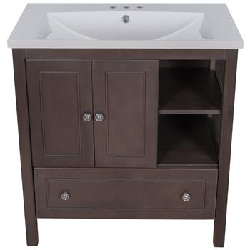 [VIDEO] 30\\" Bathroom Vanity with Sink, Bathroom Storage Cabinet with Doors and Drawers, Solid Wood Frame, Ceramic Sink, Brown