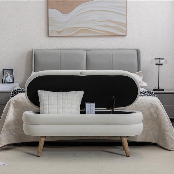 036-Velvet Fabric Storage Bench Bedroom Bench With Wood Legs For Living Room Bedroom Indoor,Ivory