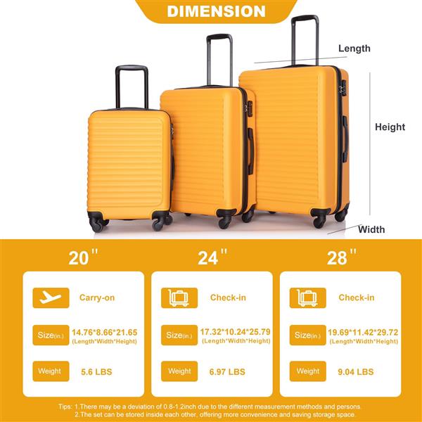 3 Piece Luggage Sets ABS Lightweight Suitcase with Two Hooks, Spinner Wheels, TSA Lock, (20/24/28) ORANGE