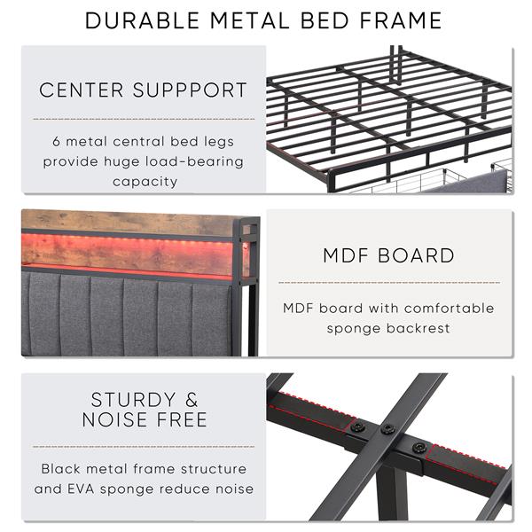 King Bed Frames with Storage Headboard and Drawers, LED Platform Bed Frame King Size, LED Upholstered Bed Frame with Charging Station, No Box Spring Needed, Easy Assembly, Grey