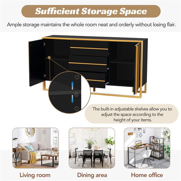 Modern Style 59"L Sideboard with Large Storage Space and Gold Metal Legs for Living Room and Entryway (Black)