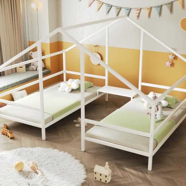 Metal Double Twin Size Triangular House Beds with Built-in Table, White