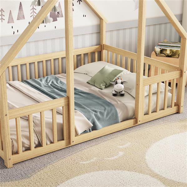 Full Wood House-Shaped Floor Bed with Fence, Guardrails,Natural