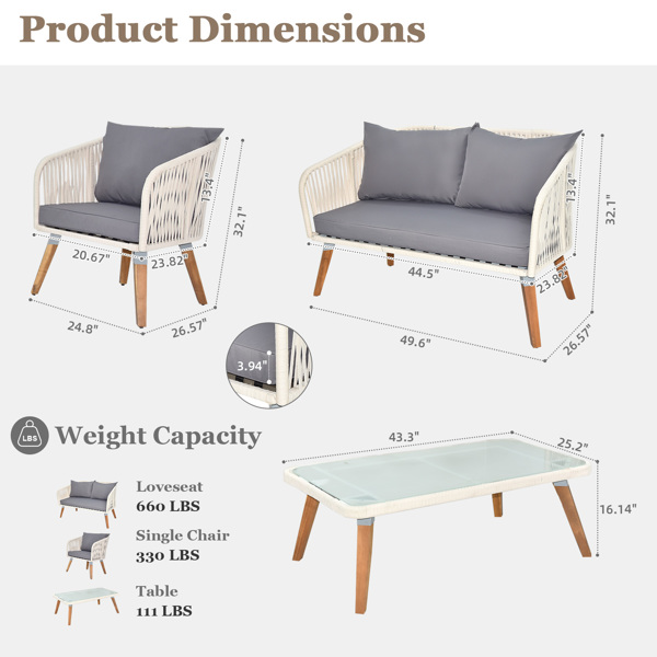 4 Piece Patio Furniture Set, Outdoor Acacia Wood Conversation Set, All-Weather Rope Sofa Set with Coffee Table, Loveseat, Modern Deep Seating Set for Lawn Balcony Poolside, White Rope & Grey Cushion