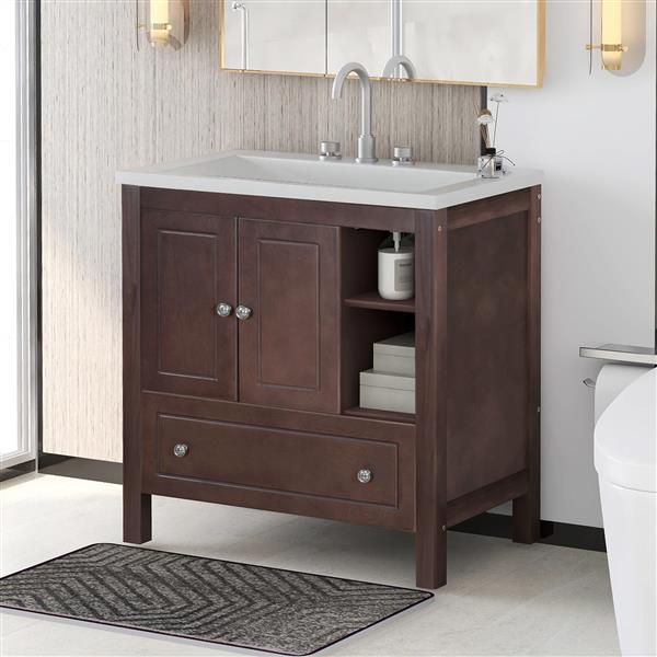 [VIDEO] 30" Bathroom Vanity with Sink, Bathroom Storage Cabinet with Doors and Drawers, Solid Wood Frame, Ceramic Sink, Brown