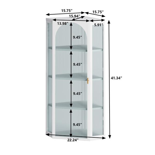 Glass Door Wall Mounted Corner Cabinet with Featuring Four-tier Storage for Bedroom, Living Room, Bathroom, Kitchen, White