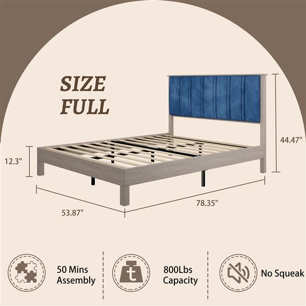 Full Bed Frame, Wood with Wood Headboard Bed Frame with upholstered headboard /  Wood Foundation with Wood Slat Support / No Box Spring Needed / Easy Assembly