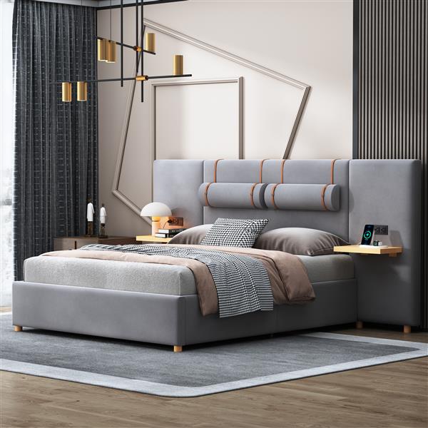 Queen Upholstered Platform Bed, Two Outlets and USB Charging Ports on Both Sides, Two Bedside Pillows, Storage Shelves, Gray