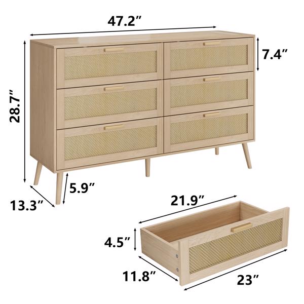 Rattan 6 Drawers Chest of Dressers for Bedroom, Modern 6 Drawer Dresser, Wide Chest of Drawers with wood Handles, Rattan Dresser Storage Cabinet for Living Room, Bedroom, Hallway 