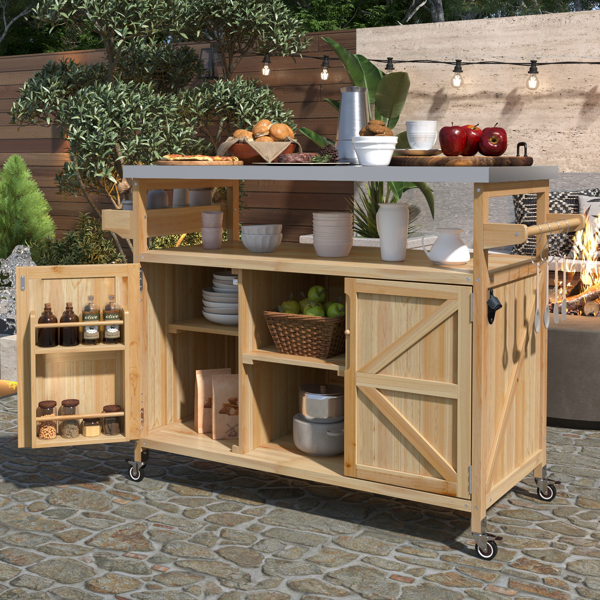 Outdoor Kitchen Island, Rolling Bar Cart & Storage Cabinet, Farmhouse Solid Wood Outdoor Grill Table with Stainless Steel Top, Spice Rack , Towel Rack for Kitchen & BBQ , Natural