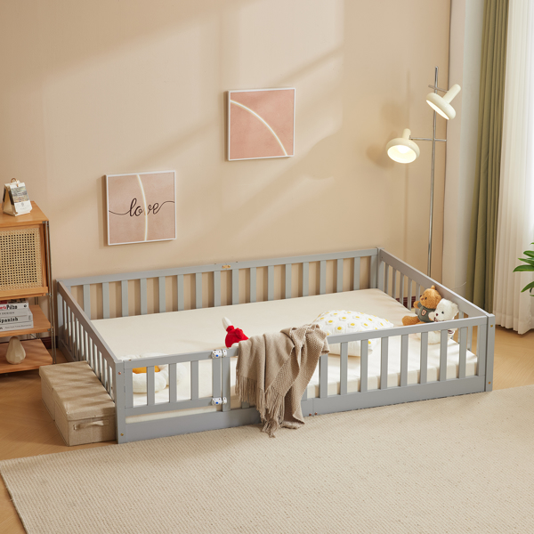 Fence Bed With Door With Board Grey Painted Pine Full Children's Bed