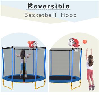 5.5FT Trampoline for Kids - 65\\" Outdoor & Indoor Mini Toddler Trampoline with Enclosure, Basketball Hoop and Ball Included