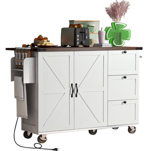 54.5" Farmhouse Kitchen Island with Power Outlet, Kitchen Storage Island  with Internal Storage Rack, Drop Leaf, Spice Rack, Rolling Kitchen Cart on Wheels, for Home, Kitchen and Dining Room,White