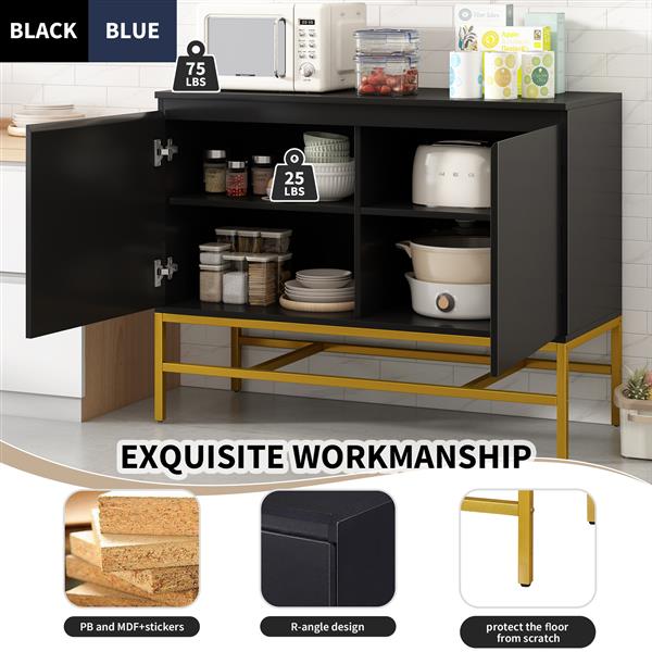 Minimalist & Luxury Cabinet Two Door Sideboard with Gold Metal Legs for Living Room, Dining Room (Black)