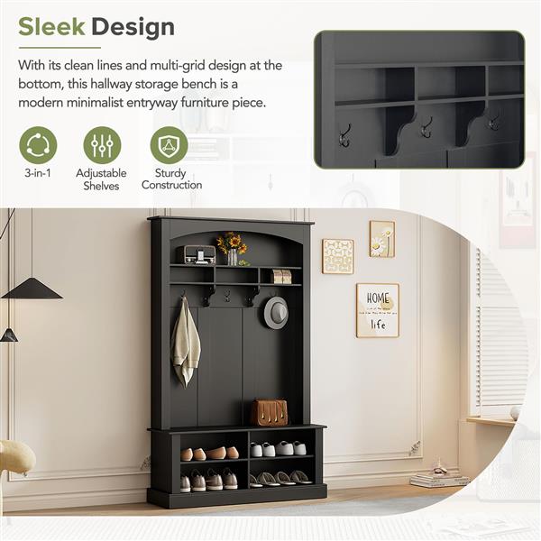 47.2'' Wide Hall Tree with Bench and Shoe Storage, Multi-functional Storage Bench with 3 Hanging Hooks & Open Storage Space, Rectangle Storage & Shelves Coat Rack for Hallway, Black