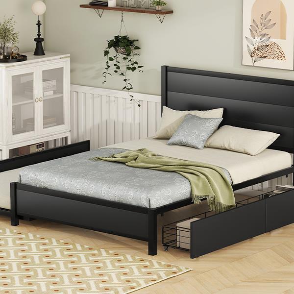 Metal Full Size Storage Platform Bed with Twin Size Trundle and 2 Drawers, Black