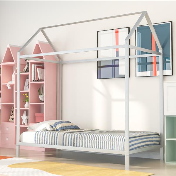 House Bed Frame Twin Size , Kids Bed Frame Metal  Platform Bed  Floor Bed for Kids Boys Girls No Box Spring Needed Silver