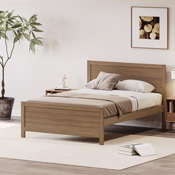 Wood Platform Bed Frame with Headboard, Mattress Foundation with Wood Slat Support, No Box Spring Needed, Full Size, Walnut