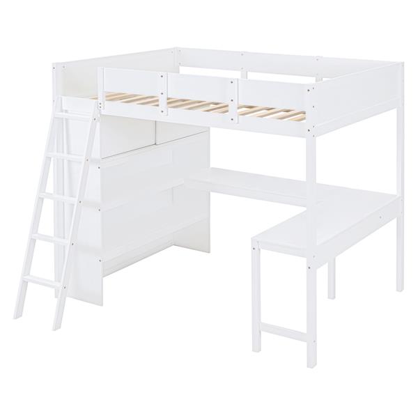 Full Size Loft Bed with Desk and Shelf - White