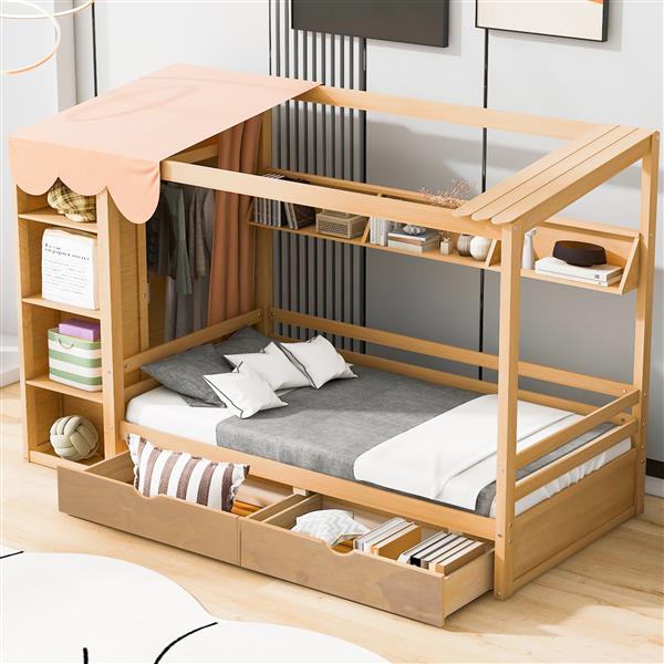 Twin size House Bed with Two Drawers and Wardrobe,Natural