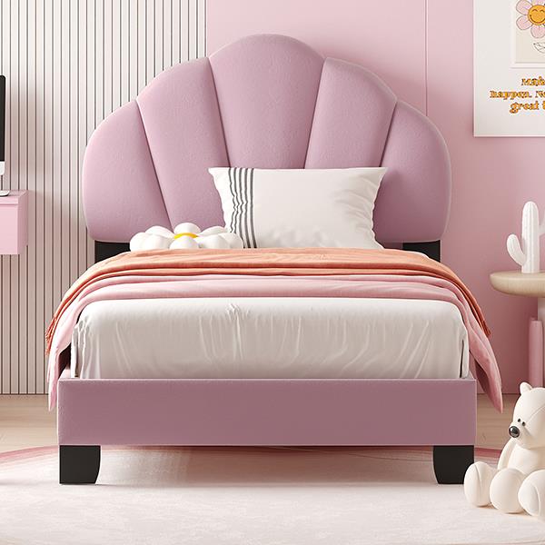 Twin Size Upholstered Velvet Platform Bed with Shell-Shaped Headboard, Pink