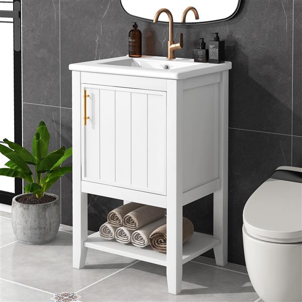 20" Bathroom Vanity with Sink, Bathroom Cabinet with Soft Closing Door, Storage Rack and Open Shelf, White